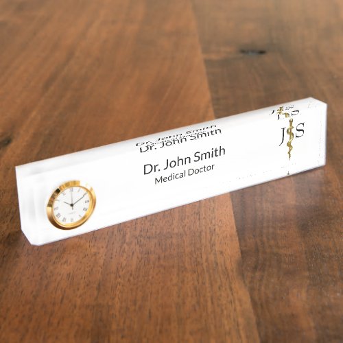 Rod of Asclepius Medical Gold on White Classy Desk Name Plate