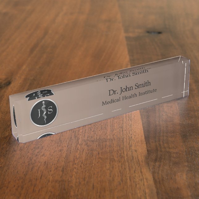 Rod of Asclepius Medical Silver Noble Classy Desk Name Plate (Side)