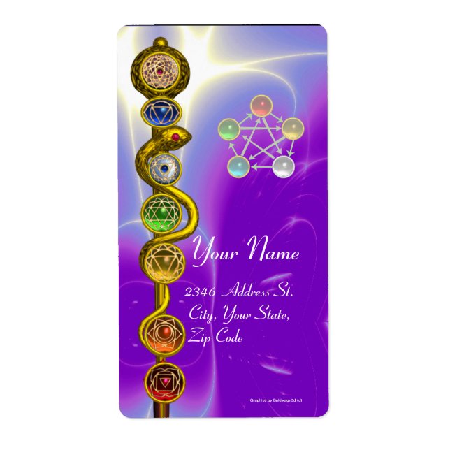 ROD OF ASCLEPIUS WITH 7 CHAKRAS ,SPIRITUAL ENERGY LABEL