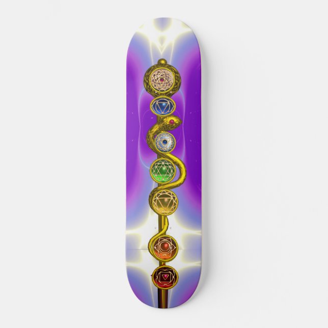ROD OF ASCLEPIUS WITH 7 CHAKRAS ,SPIRITUAL ENERGY SKATEBOARD DECK (Front)