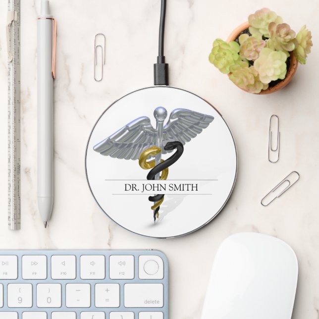 Rod of Silver Caduceus Black Gold Medical Wireless Charger (Desk)
