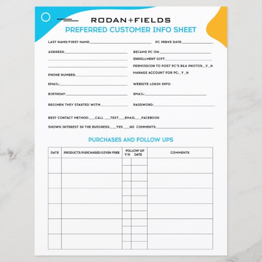 Rodan and Fields Preferred Customer Sheet (Front)