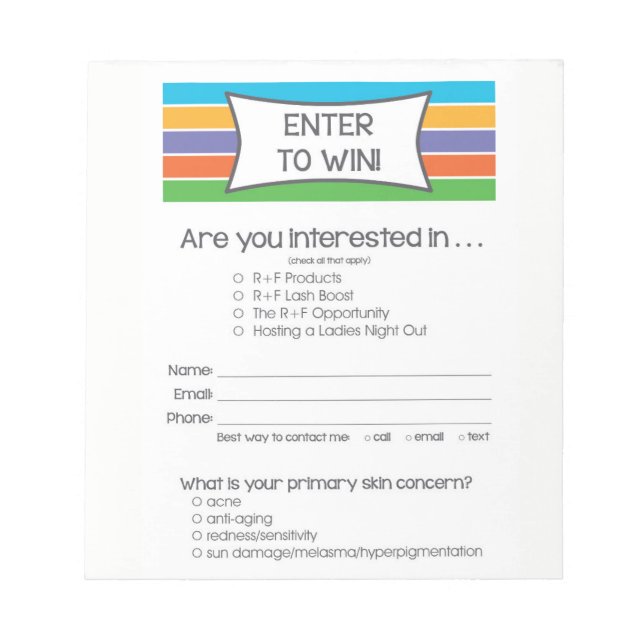 Rodan + Fields Inspired Enter to Win Notepad (Front)