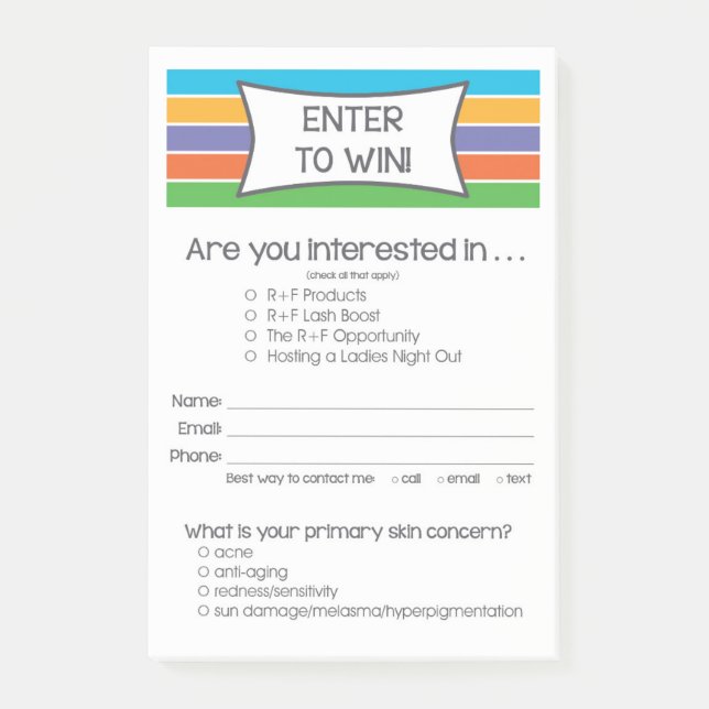 Rodan + Fields Inspired Enter to Win Post It Note (Front)