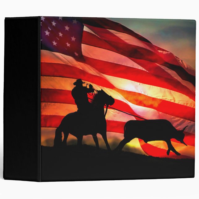Rodeo American Flag and Cowboy Roping Steer 3 Ring Binder (Front/Spine)