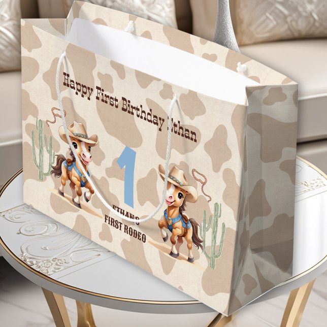 Rodeo Beige Cowboy Horse Western Name 1st Birthday Large Gift Bag (Rodeo Beige Cowboy Horse Western Name 1st Birthday Large Gift Bag)