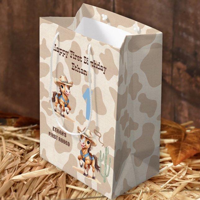 Rodeo Beige Cowboy Horse Western Name 1st Birthday Medium Gift Bag (Rodeo Beige Cowboy Horse Western Name 1st Birthday Medium Gift Bag)
