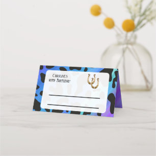 Rodeo Birthday Black Electric Blue Cow Print Place Card