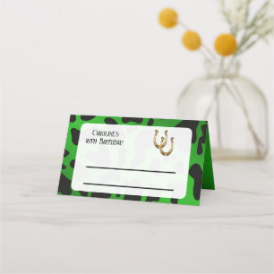 Rodeo Birthday Black Emerald Green Cow Print Place Card
