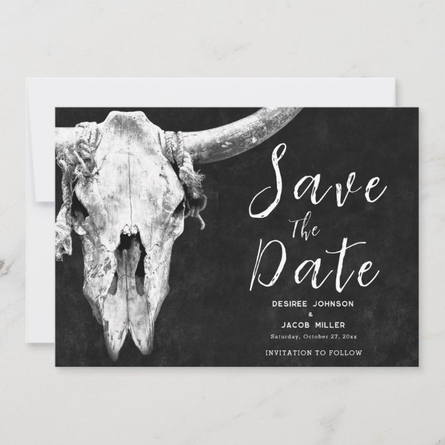 Rodeo Black And White Bull Skull Save The Date Announcement (Front)
