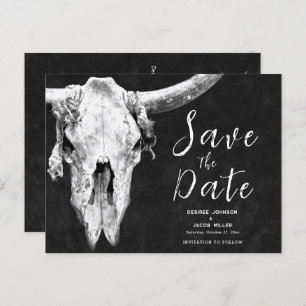 Rodeo Black And White Bull Skull Save The Date Invitation Postcard