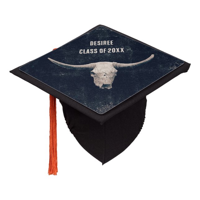 Rodeo Black Rustic Western Country Bull Skull Graduation Cap Topper (Angled)