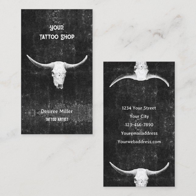 Rodeo Black White Western Tattoo Shop Bull Skull Business Card (Front/Back)