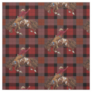 Rodeo Bronco Busting Cowboy On Plaid  Fabric