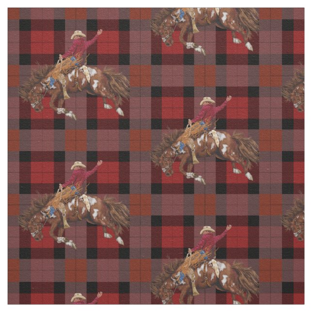 Rodeo Bronco Busting Cowboy On Plaid  Fabric (Swatch)