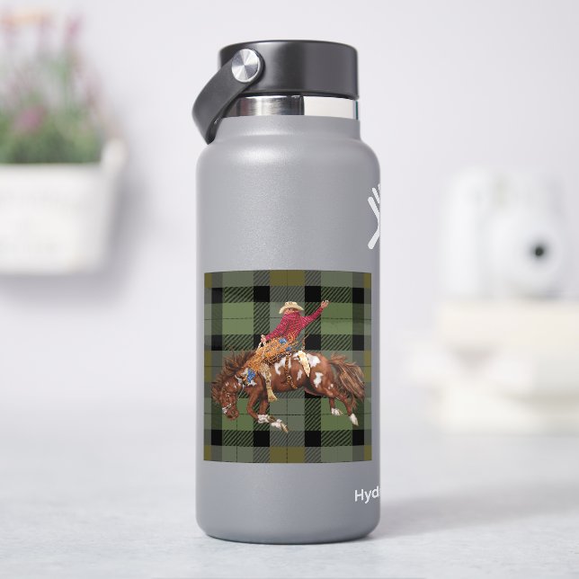 Rodeo Bronco Busting Cowboy On Plaid Sticker (HydroFlask)