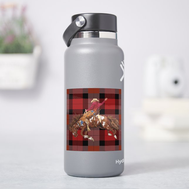 Rodeo Bronco Busting Cowboy On Plaid Sticker (HydroFlask)