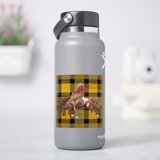Rodeo Bronco Busting Cowboy On Plaid Sticker (HydroFlask)
