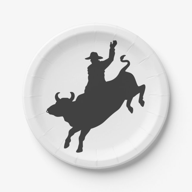 Rodeo Bull Ride silhouette Paper Plates (Front)