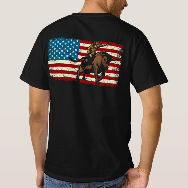 Rodeo Bull Rider Patriotic American Flag Cowboys T-Shirt (Back)