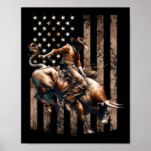 Rodeo Bull Rider Patriotic Cowboy Usa Flag Desert Poster