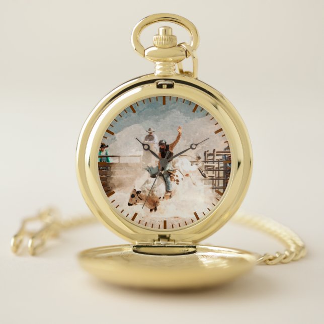 Rodeo Bull Riding Rustic Western Men's  Pocket Watch (Inside)