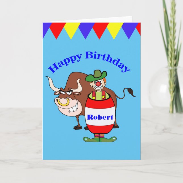 Rodeo Clown and Bull Personalize Birthday Card (Front)