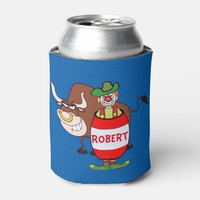 Rodeo Clown and Bull Personalized Can Cooler (Can Front)
