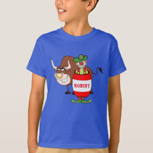 Rodeo Clown In Barrel And Bull Cartoon Personaliz T-Shirt