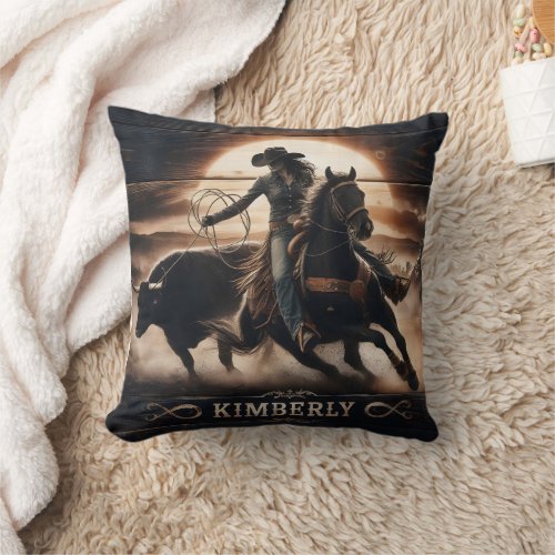 Rodeo Competitor Roping Cattle at Sunset Throw Pillow