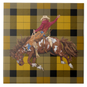 Rodeo Cowboy Bronco Busting On Plaid Ceramic Tile