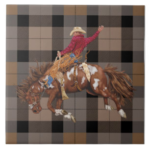 Rodeo Cowboy Bronco Busting On Plaid Ceramic Tile