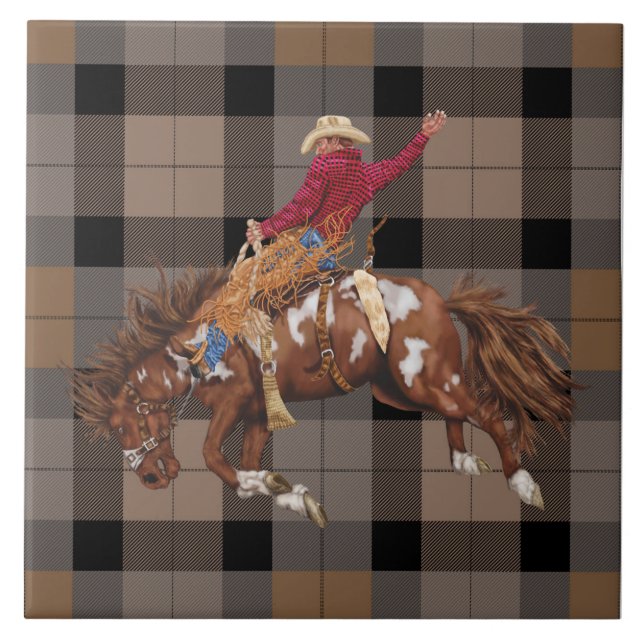 Rodeo Cowboy Bronco Busting On Plaid Ceramic Tile (Front)