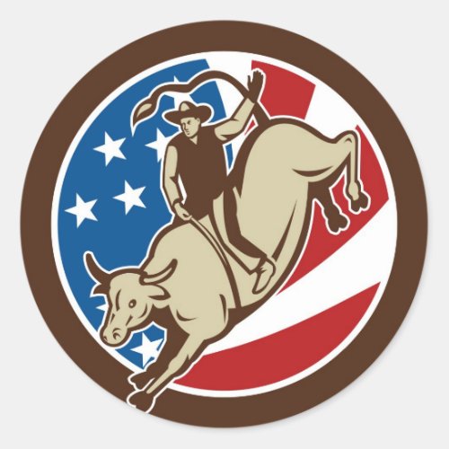 Rodeo cowboy bull riding with stars and stripes classic round sticker