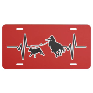 Rodeo Cowboy Calf Roping - Heartbeat Pulse Graphic License Plate