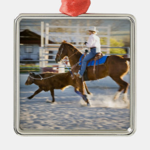 Rodeo cowboy calf roping metal ornament