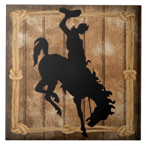 Rodeo Cowboy Horse Bronco Silhouette Ceramic Tile