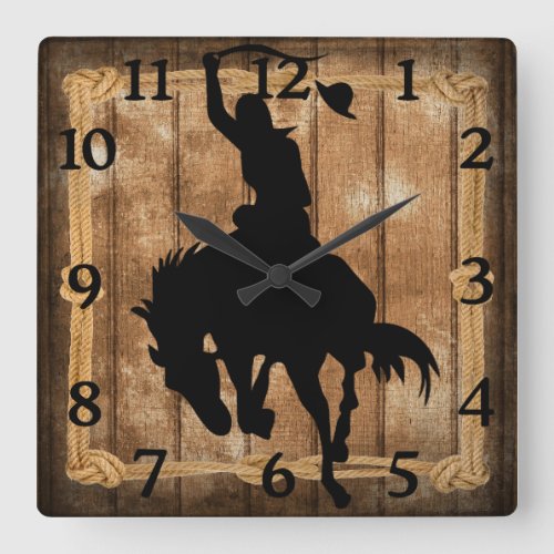 Rodeo Cowboy Horse Bronco Silhouette Square Wall Clock