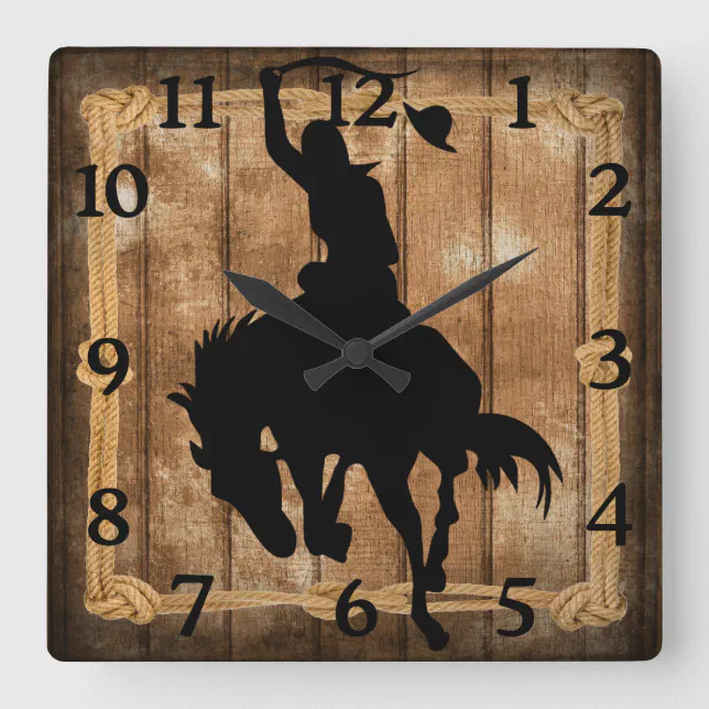 Rodeo Cowboy Horse Bronco Silhouette Square Wall Clock | Zazzle