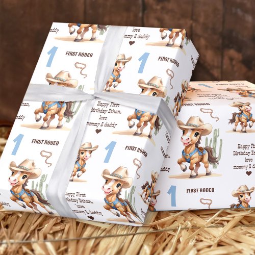 Rodeo Cowboy Horse Western Name Boy 1st Birthday Wrapping Paper