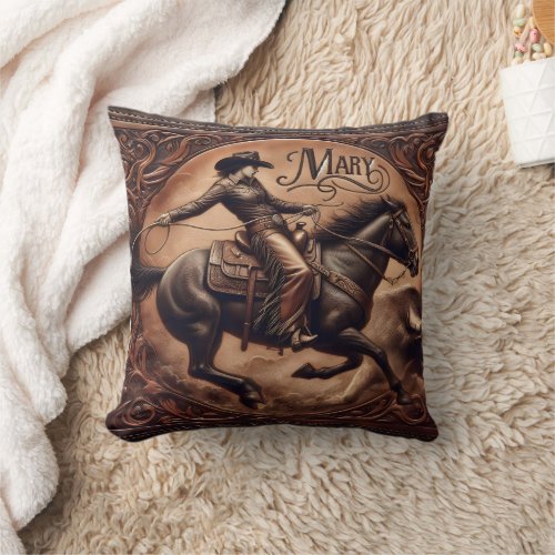 RODEO Cowboy Mary Roping on Horse at Sunset Throw Pillow