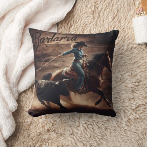 Rodeo Cowboy Roping Calf at Sunset Throw Pillow