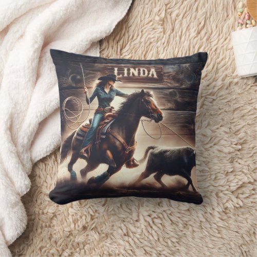 Rodeo Cowboy Roping Cattle in Western Arena Throw Pillow