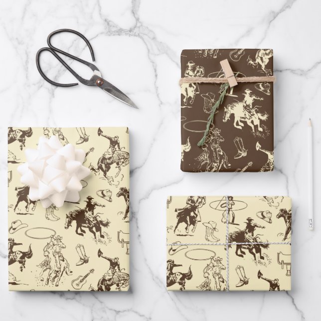 Rodeo Cowboy Western Horses Pattern Wrapping Paper Sheets (Front)