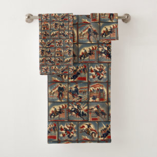Rodeo Cowboys Bull and Bronc Riding Print Bath Towel Set