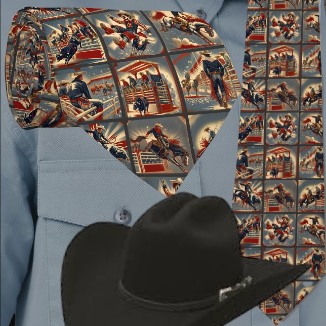 Rodeo Cowboys  Bull and Bronc Riding Print Neck Tie (Western Rodeo Events Bronc Riders Bull Riders Rodeo Clown Men's Necktie)