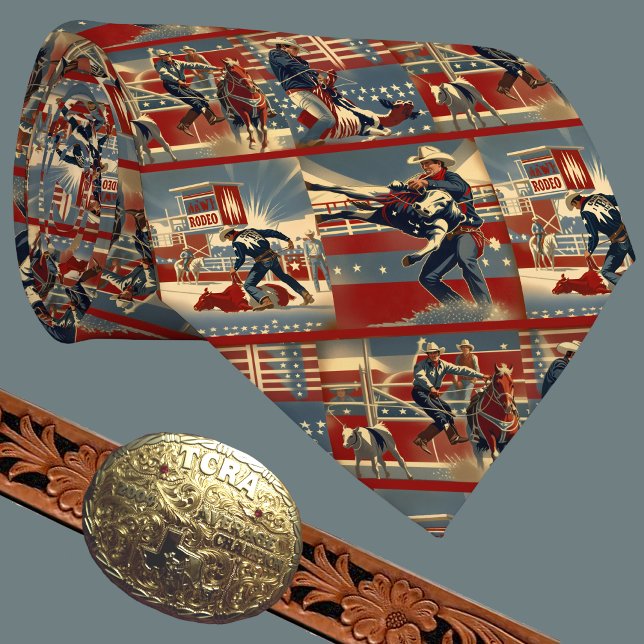 Rodeo Cowboys Calf Roping Neck Tie (Western Rodeo Cowboys Tiedown Calf Roping Scenes on Men's Necktie)