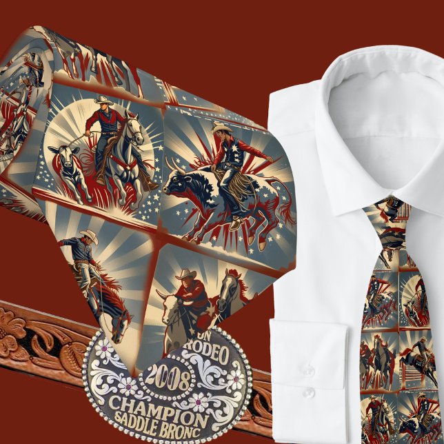 Rodeo Cowboys Roping Bull and Bronc Riding Steer W Neck Tie (Western Rodeo Events Cowboys Bull Riding Bronc Riding Calf Roping Steer Wrestling Men's Necktie)