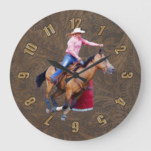 Rodeo Cowgirl Barrel_Racing Faux Leather Clock