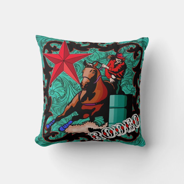 Rodeo Cowgirl Barrel Racing Throw Pillow (Front)
